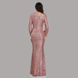 Mermaid Sequined Long Sleeves V Neck Prom Dress XU90814