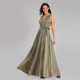 Simple A-Line V Neck Long Sleeveless Prom Dresses XU90818
