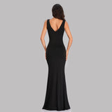 Black V Neck Long Mermaid Prom Dress With Slit XU90817