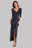 3/4 Sleeves V Neck Sheath Sequins Slit Prom Dress XU90820