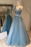 Blue Tulle A-Line V Neck Long Prom Dress Flowers Beadied Evening Dress OK1232