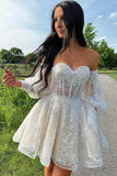A Line Ivory Sweetheart Puff Sleeves Short Party Dress Sweet Homecoming Dress OK1505
