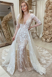 Off White Lace Appliques Long Sleeves Backless Mermaid Wedding Dress with Attached Train OK1594