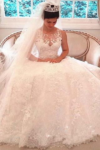 Princess Shinny Lace Button A Line Wedding Dresses With Trailing OKD52