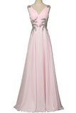 Beautiful Girly Chiffon Long Beading Pink V-neck Backless Prom Dress K744