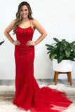 Sexy Red Long Mermaid Appliques Prom Dress Spaghetti Straps Tulle Evening Gown OKW70