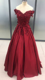Ball Gown Burgundy Sleeveless Off-the-Shoulder Lace Applique Prom Dresses OKC77