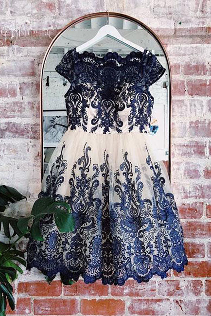 Navy Blue Lace Applique Short Cap Sleeves Homecoming Dress OKP59