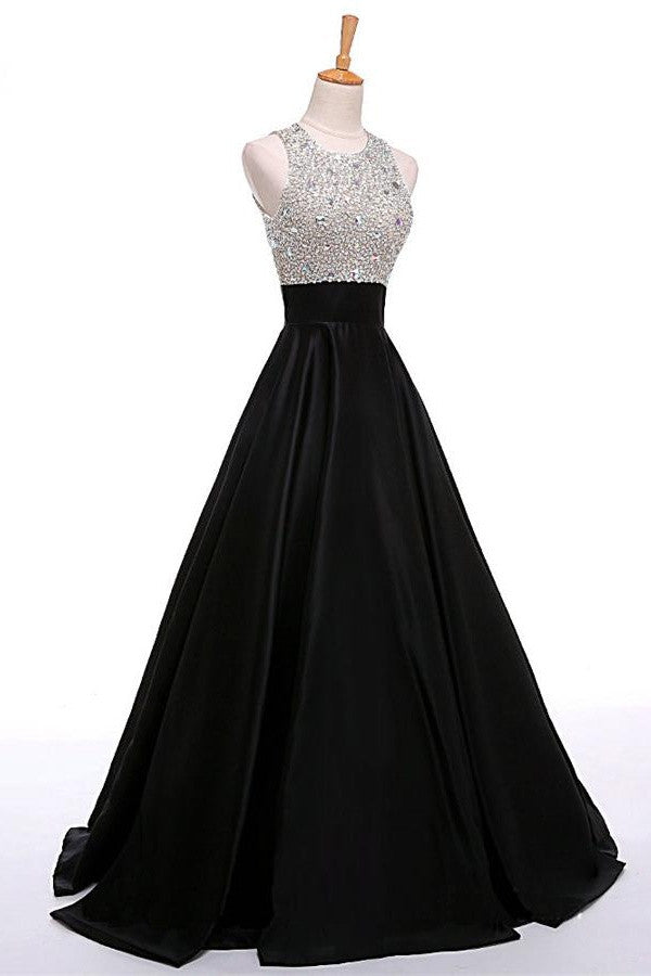 Black Open Back Beading Long A-line Satin Cheap Prom Dress K715