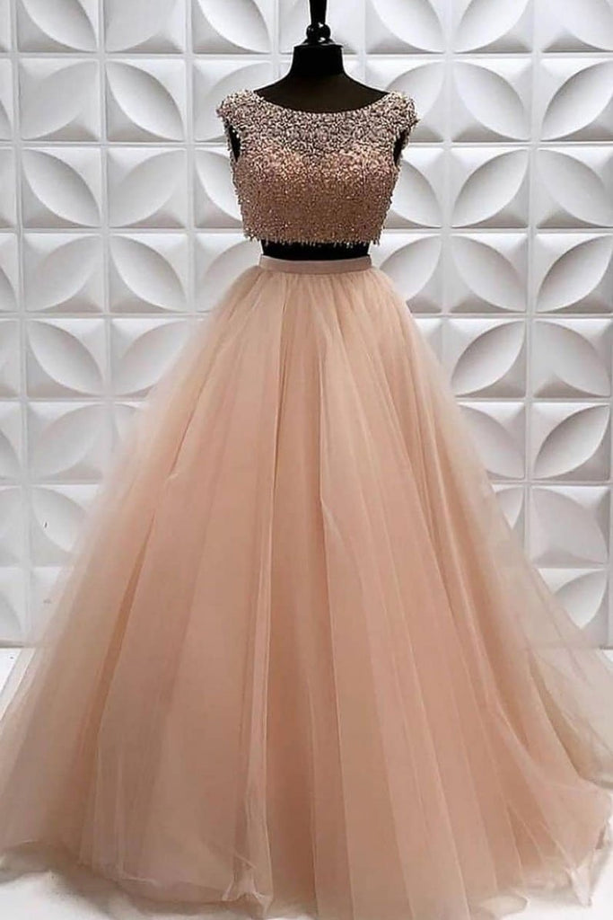 Two Pieces A Line Tulle Beading Long Sleeveless Prom Dresses OKP82