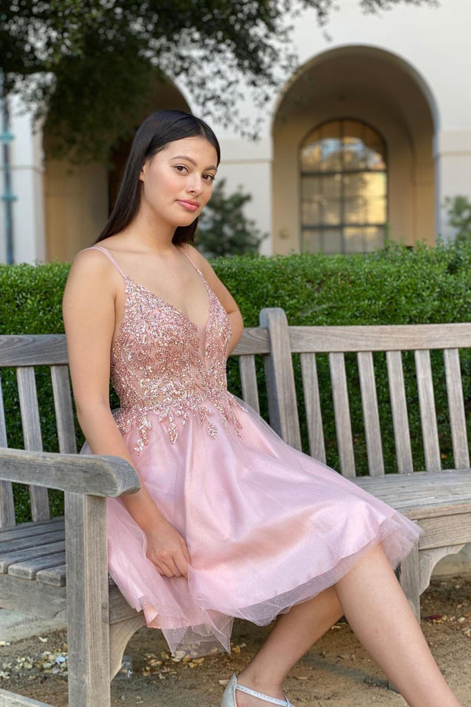 Pretty A-line Pink Beadeing Homecoming Dress Short Spaghetti Straps Prom Dress OKX96