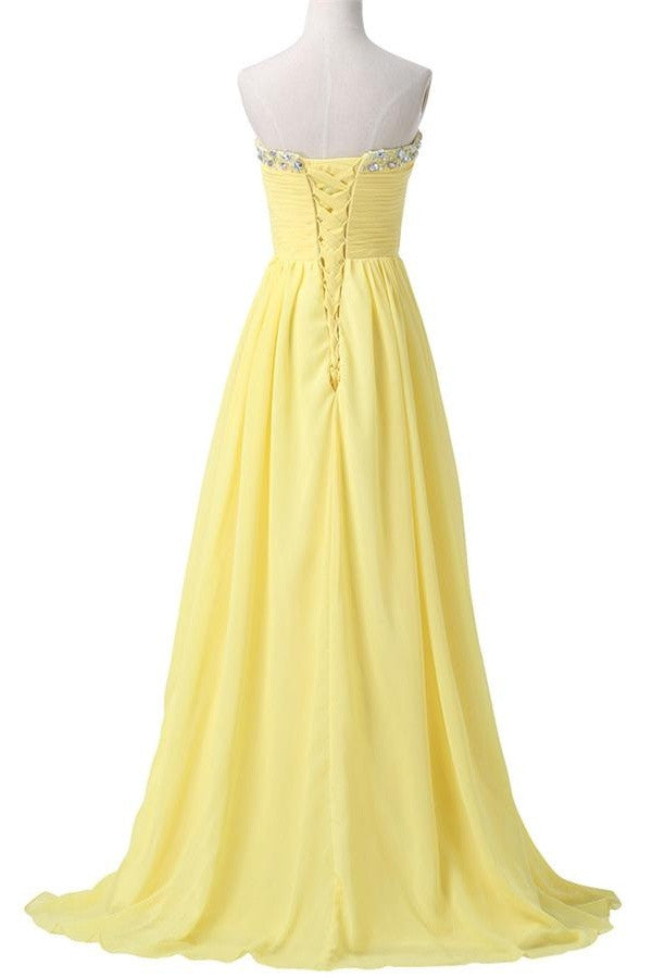 Yellow Chiffon Beaded Strapless Lace Up High Low Pregnant Prom Dress K745