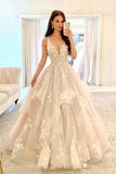 Charming Ball Gown V Neck Tulle Wedding Dress with Appliques N106