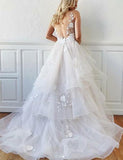Romantic A-Line V Neck Tiered Appliques Tulle Long Wedding Dress OKM87