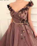 A Line V Neck Cap SleevesBrown Long Flowers Prom Dress With Pockets OKR10