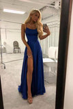 Royal Blue Spaghetti Strap A Line Prom Dresses Sexy Long Split Party Dresses OKJ90