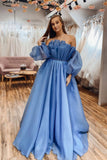 Blue Organza Long Sleeves Strapless Prom Dress A Line Formal Evening Dress OK1174