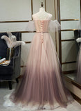 Unique A Line Tulle Applique Long Prom Dress Formal Evening Dress OK1249