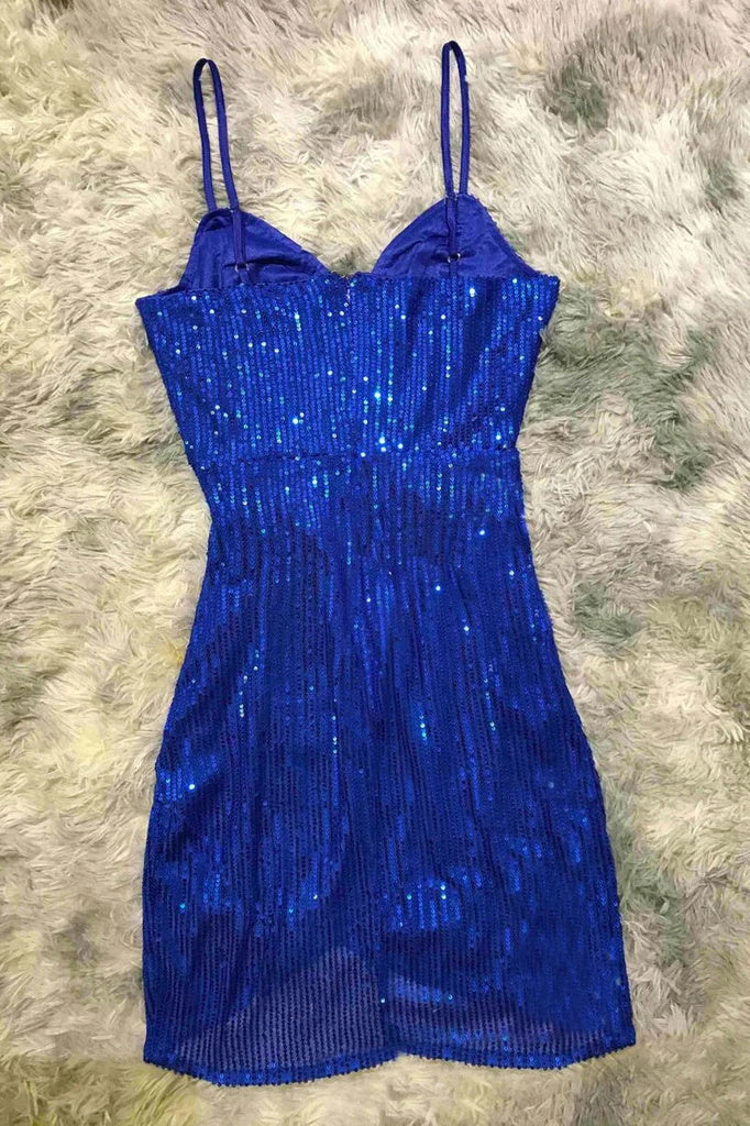 Sexy V-neck Blue Spaghetti Straps Sequins Homecoming Dress Short Prom Dress OK1629