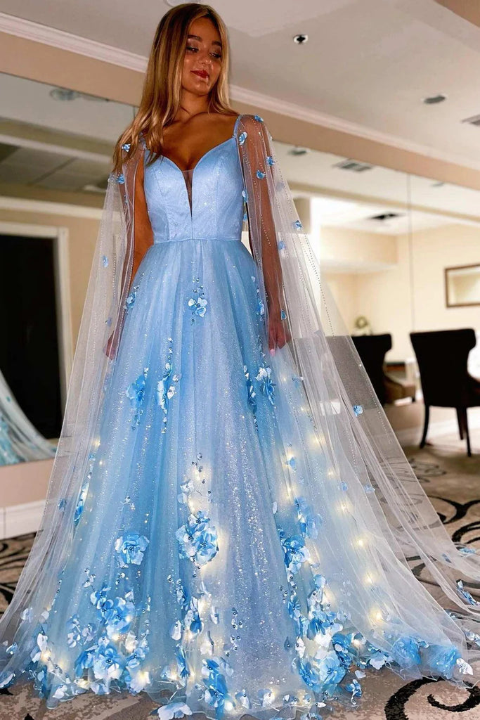 Lavender 3D Floral Lace Plunge V A-Line Prom Dress with Cape Sleeves Formal Evening Dress OK1899