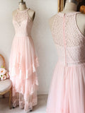 Princess Pink Lace Long Prom Dresses Bridesmaid Dresses OKK96