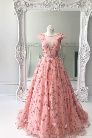 Princess A Line Floral Pink Cap Sleeves Long Prom Dresses OKK97