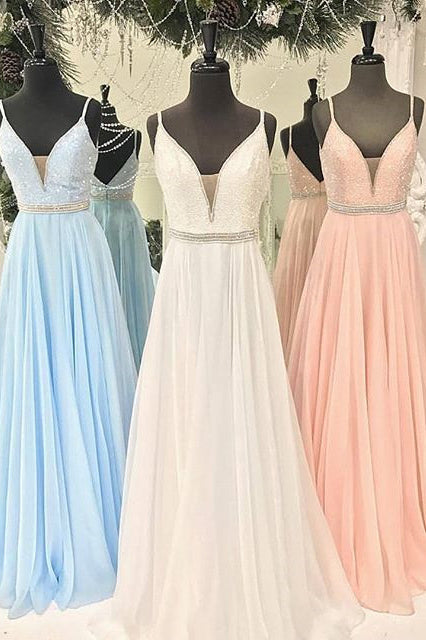 Gorgeous Straps Light Sky Blue Chiffon A Line Long Prom Dresses OK984