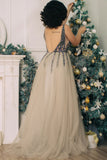 Sexy Sparkly Sequins Grey Long V Neck Tulle Prom Dresses with Slit OK955