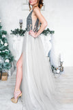 Sexy Sparkly Sequins Grey Long V Neck Tulle Prom Dresses with Slit OK955