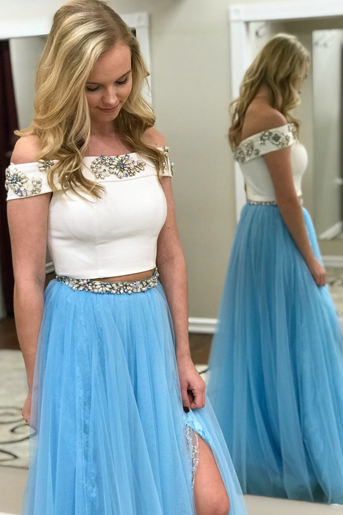 Two Piece Off the Shoulder Pink Blue Long Lace Beading Prom Dresses with Side Slit OK968