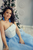 Princess Strapless Sky Blue Long Tulle A Line Prom Dresses with White Lace OK950