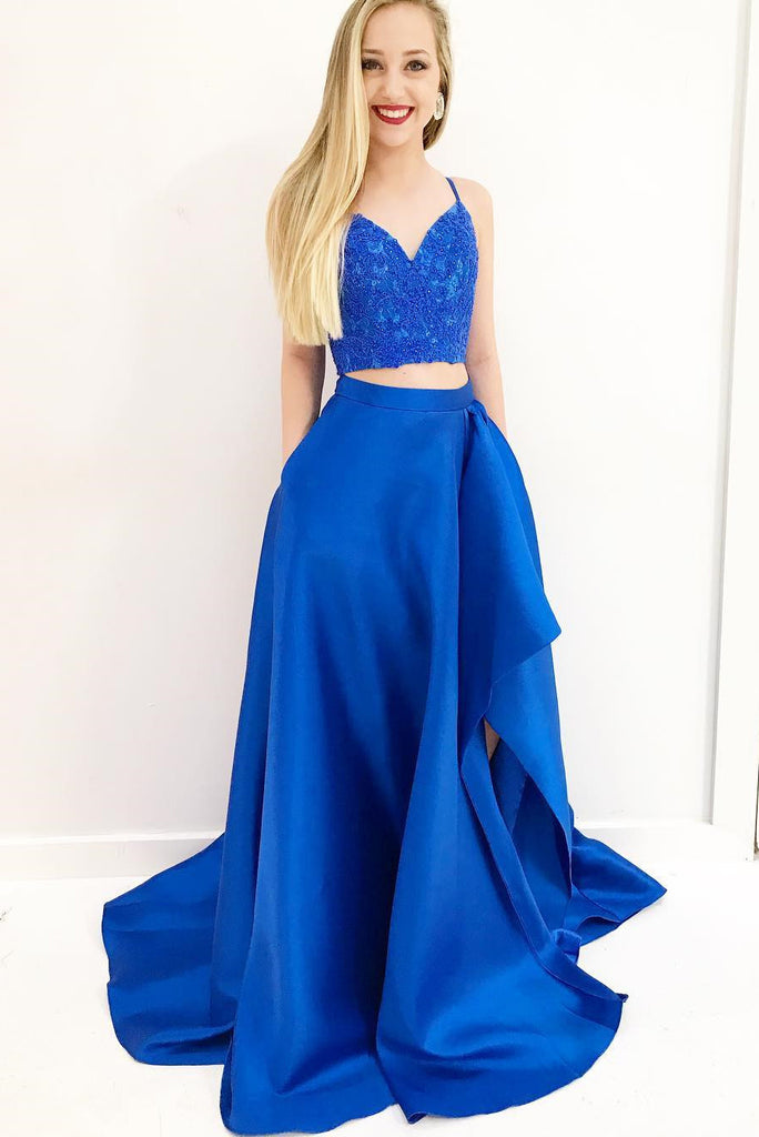Gorgeous Two Piece Royal Blue Long Prom Dresses with Pockets Side Slit OKK93