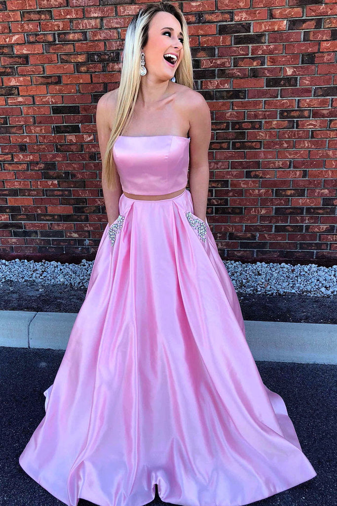 Strapless Two Piece Pink Long Beaded Prom Dresses with Pockets OKL5