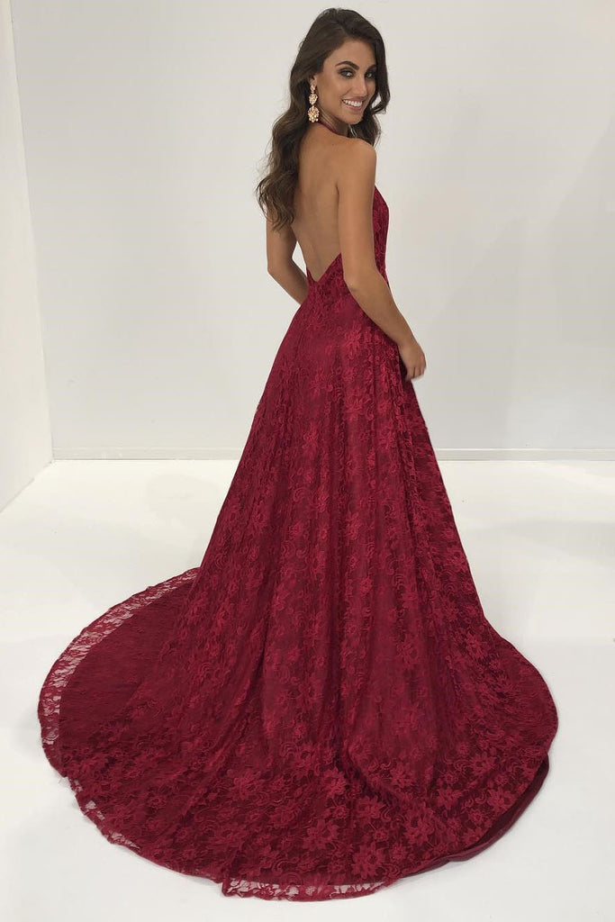 Sexy Halter Burgundy Lace Front Slit V Neck Long Prom Dresses OKA12