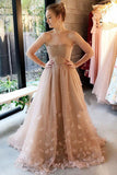 Strapless Light Brown Tulle Appliqued Long Great Prom Dresses OKL7