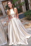 Fashion Boat Neck V Back Floral Embroidery Long Prom Dresses with Pockets OKK79