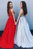 Cheap A-line Deep V Neck Beading Backless Long Prom Dresses With Pockets OKG42