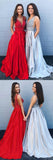 Cheap A-line Deep V Neck Beading Backless Long Prom Dresses With Pockets OKG42