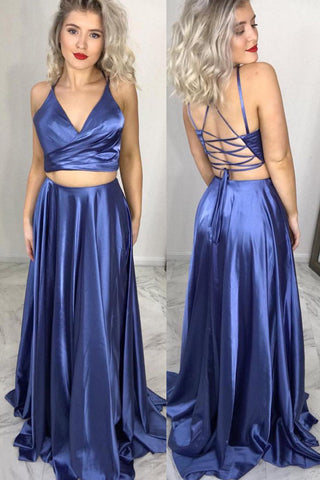 Two Piece Lace Up Blue Long Prom Dresses with Slit OKM2