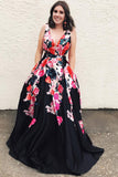 A Line Black V Neck Appliques Prom Dress, Long Cheap Prom Gown OKK31