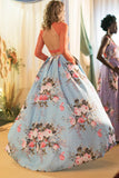 Two Pieces Long Sleeves Prom Dress  Floral Print Prom Gown With Pockets OKK32