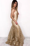 Sexy Mermaid Illusion Neck Ruffles Gold Long Prom Dresses OKL8