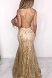 Sexy Mermaid Illusion Neck Ruffles Gold Long Prom Dresses OKL8