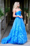 A-Line Strapless Long Prom Dresses with Train OKO55