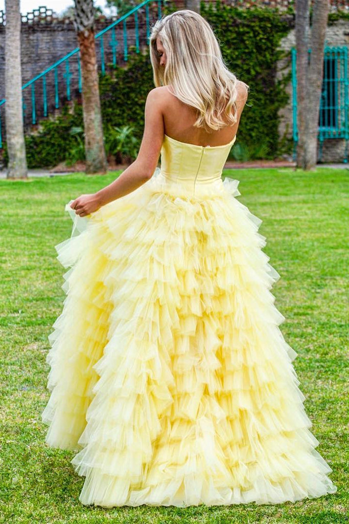 Princess Strapless Tiered Floor Length Yellow Ball Gowns Prom Dress OKL3