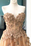 Elegant A-Line Sweetheart Appliqued Brown Prom Dresses OKL96