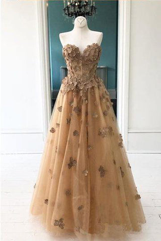 Elegant A-Line Sweetheart Appliqued Brown Prom Dresses OKL96