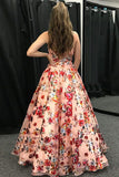A-Line Spaghetti Straps Floral Print Long Prom Dresses OKL94
