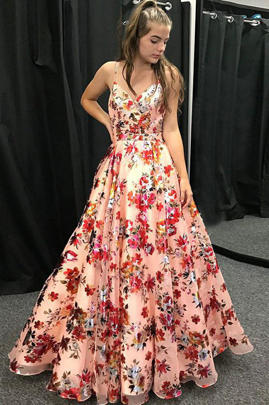 A-Line Spaghetti Straps Floral Print Long Prom Dresses OKL94
