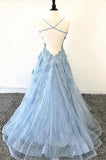 Lace Appliques Sky Blue Prom Dresses with Criss Cross Back OKP13